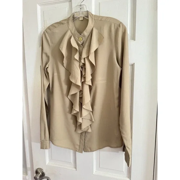 MICHAEL KORS Blouse Women's Sz 6 Ruffled Button-Up Shirt Top Tan - Picture 2 of 8
